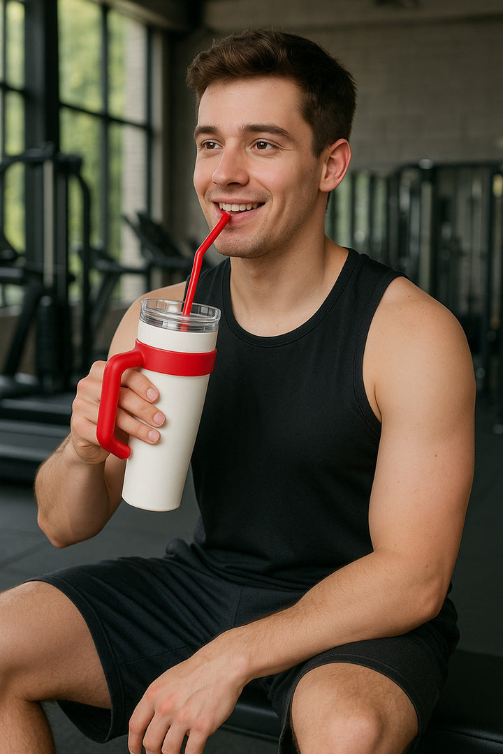 Coffee-Cup-WHITE-Tumbler+Handle and Straw
