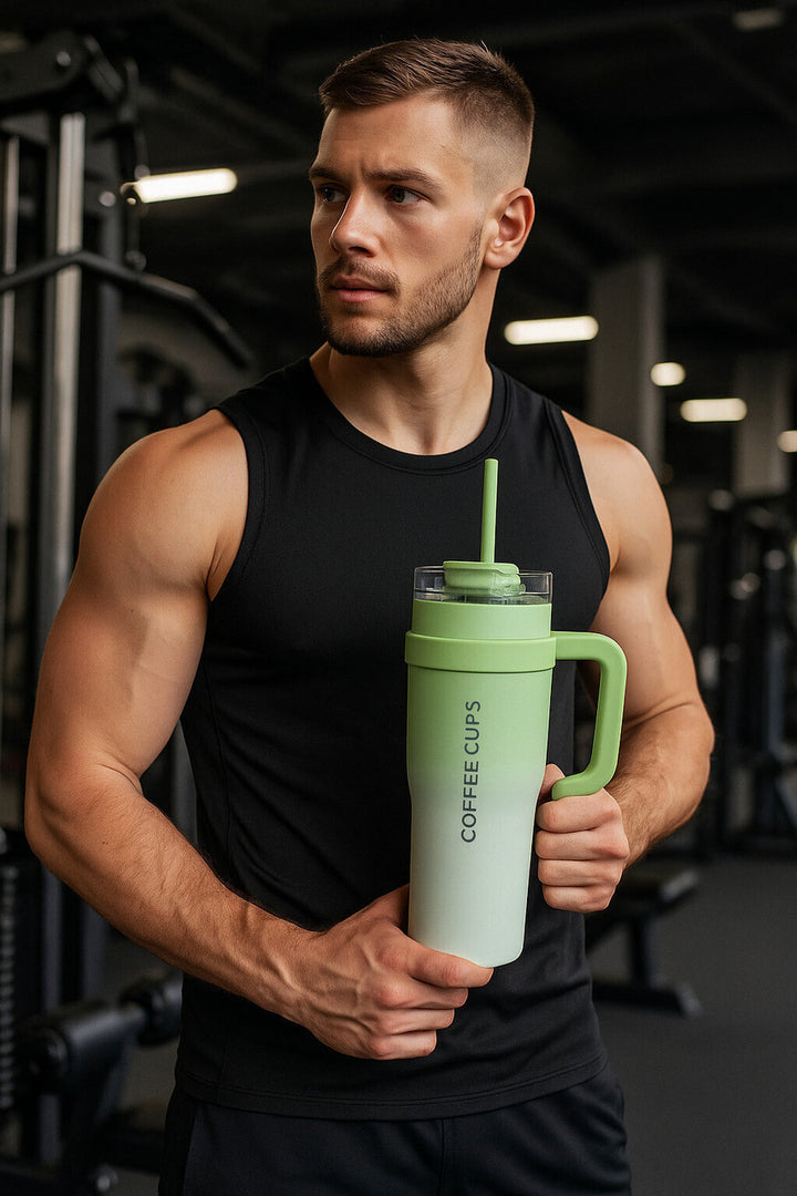 Coffee-Cup-GREEN-Tumbler+Handle and Straw