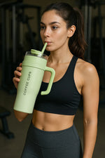 Load image into Gallery viewer, Coffee-Cup-GREEN-Tumbler+Handle and Straw
