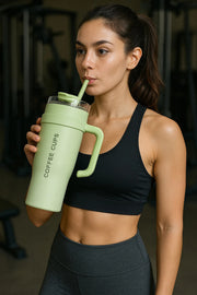 Coffee-Cup-GREEN-Tumbler+Handle and Straw